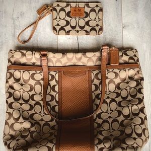 Tan/Brown COACH purse and mini wallet.